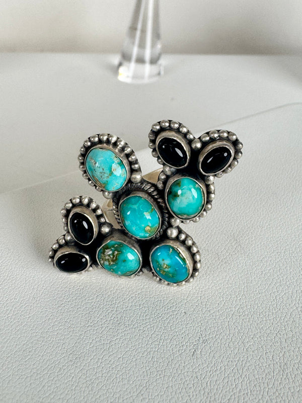 BLUE RIDGE TURQUOISE & BLACK ONYX CLUSTER ADJUSTABLE CACTUS RING (MW 348)