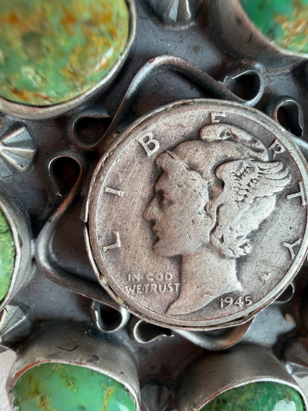 NATIVE HANDMADE SONORAN GOLD TURQUOISE SILVER COIN RING SIZE 6 SIGNED BY PHILBERT NEZ (YEAR 1945) (JR 37)