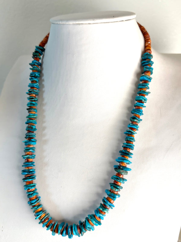ORANGE SPINY OYSTER & KINGMAN TURQUOISE DISCS NECKLACE 23" (MK 9)
