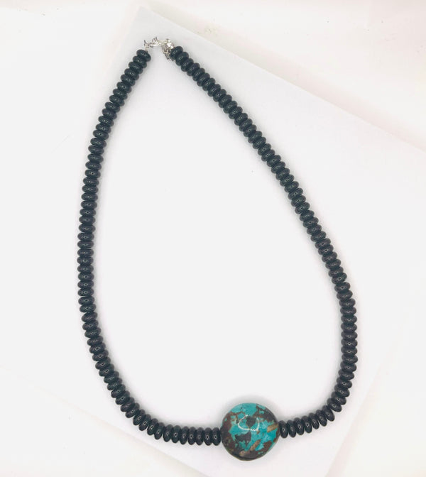 BLACK ONYX & HUBEI TURQUOISE STATEMENT NECKLACE 21-23" (MW 454)