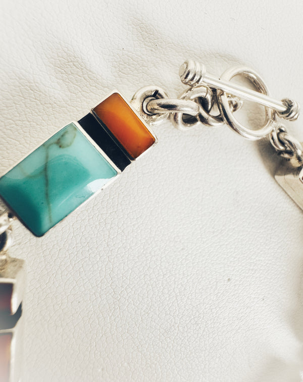 TAXCO SILVER JEWELRY MOTHER-OF-PEARL KINGMAN TURQUOISE & RED SPINY OYSTER MOSAIC TOGGLE BRACELET (PW3)