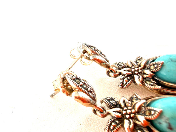 KINGMAN TURQUOISE VINTAGE STERLING SILVER POST BACK EARRINGS (RF 16)