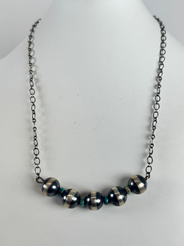 LARGE NAVAJO PEARLS & MINE 8 TURQUOISE BAR PAPERCLIP NECKLACE 22" (DC 25)