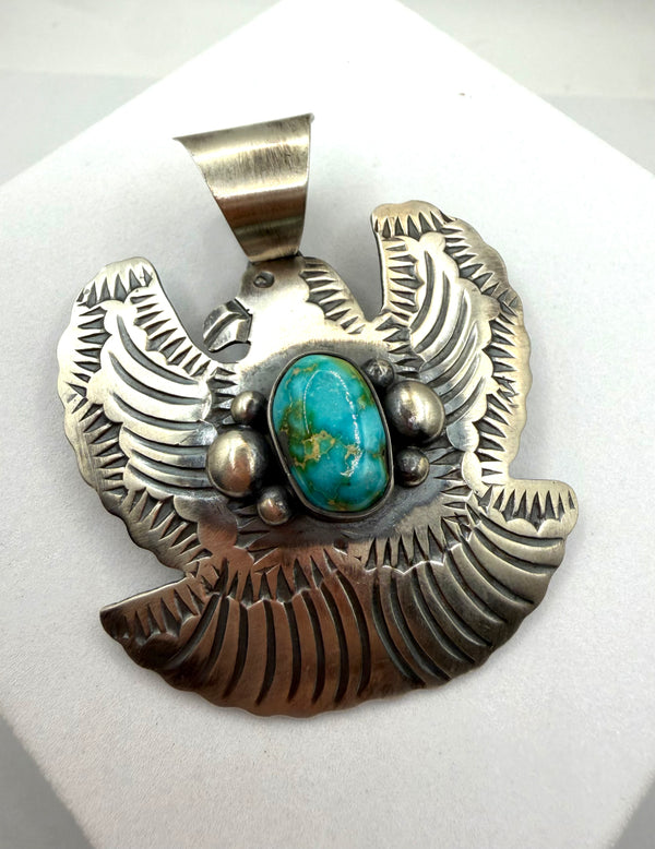 CHIMNEY BUTTE SONORAN GOLD TURQUOISE NATIVE HANDMADE SS THUNDERBIRD PENDANT 2.5" (NP 23)