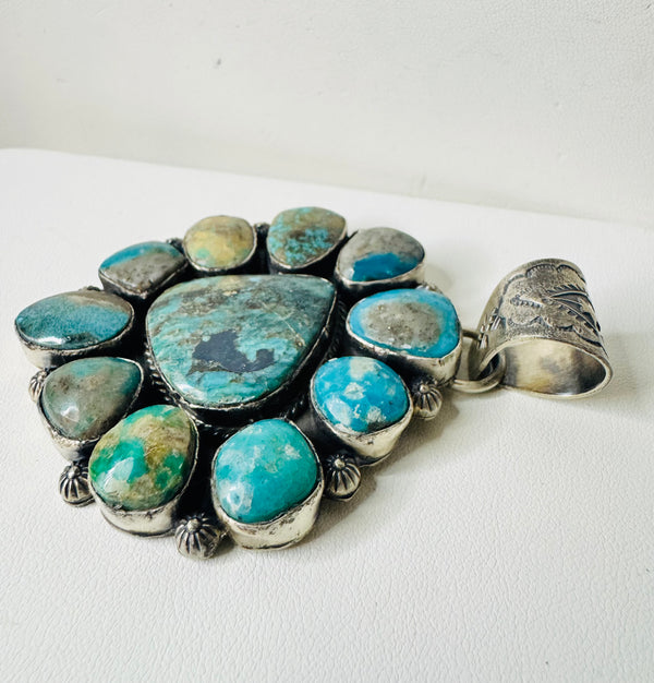 NATIVE HANDMADE MULTITURQUOISE STATEMENT PENDANT 4" BY T. NEZ SR. (LB 9)