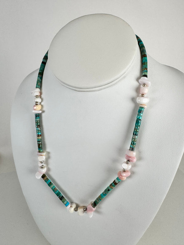 ROYSTON TURQUOISE & PINK CONCH BEADS STATEMENT NECKLACE 18" (MM 1)