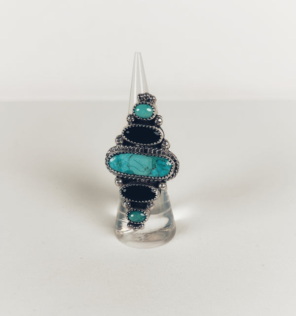 NATIVE HANDMADE KINGMAN TURQUOISE & BLACK ONYX RING SIZE 6.5 BY AR YAZZIE (MW 164)