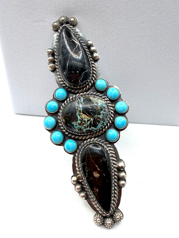 NATIVE HANDMADE SLEEPING BEAUTY & BLACKJACK TURQUOISE CRAWLER ADJUSTABLE RING 3.5" ACQUIRED AT SANTA FE INDIAN MARKET (LL 32)