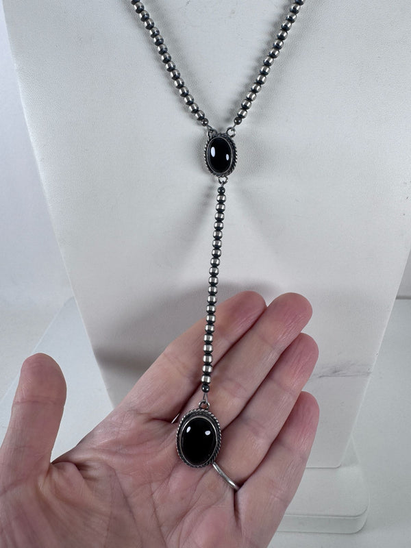 NAVAJO HANDMADE BLACK ONYX LARIAT STAMPED BY A. (MW 282)