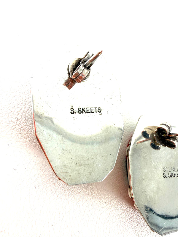 NATIVE HANDMADE SBT LAPIS & CORAL MULTITSONES STATEMENT POST BACK EARRINGS BY S. SKEETS (AM 2)