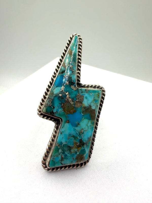 PATRICK YAZZIE NATIVE HANDMADE MORENCI TURQUOISE LIGHTNING BOLT ADJUSTABLE RING (NP 30)
