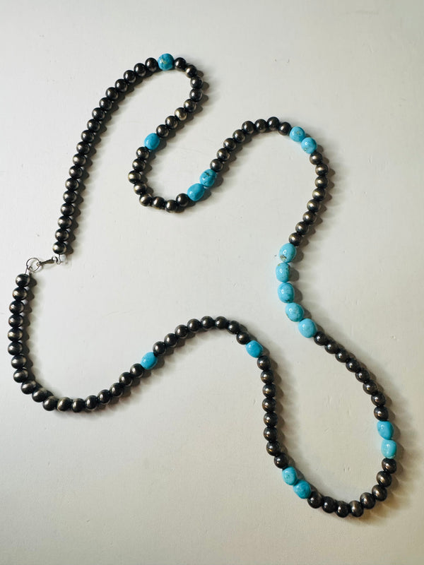 8MM NAVAJO PEARLS KINGMAN TURQUOISE 38" STATEMENT NECKLACE (MW 367)