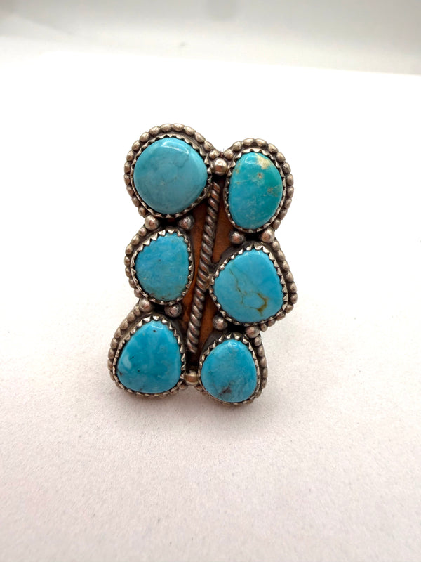 STERLING SILVER BLUE RIDGE TURQUOISE CLUSTER ADJUSTABLE RING (LR 6)