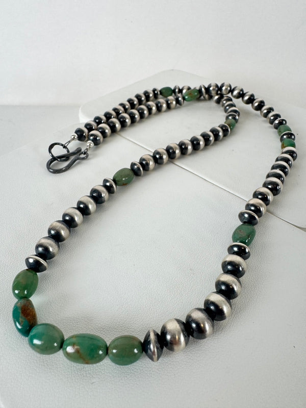 NATIVE HANDMADE 8MM NAVAJO & SAUCER PEARLS ROYSTON TURQUOISE BEADED NECKLACE 26" ELEGANT S-HOOK CLASP (LB 7)