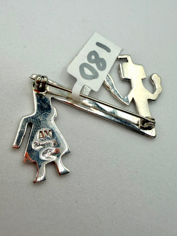 NATIVE HANDMADE STERLING SILVER KACHINA-STYLE CEREMONIAL DANCER STORY-TELLING BROOCH BY ALFRED MARTINEZ (RN 21)
