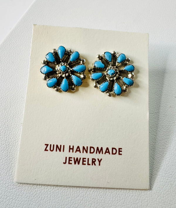 ZUNI HANDMADE SLEEPING BEAUTY TURQUOISE CLUSTER POST BACK EARRINGS (CO 94)