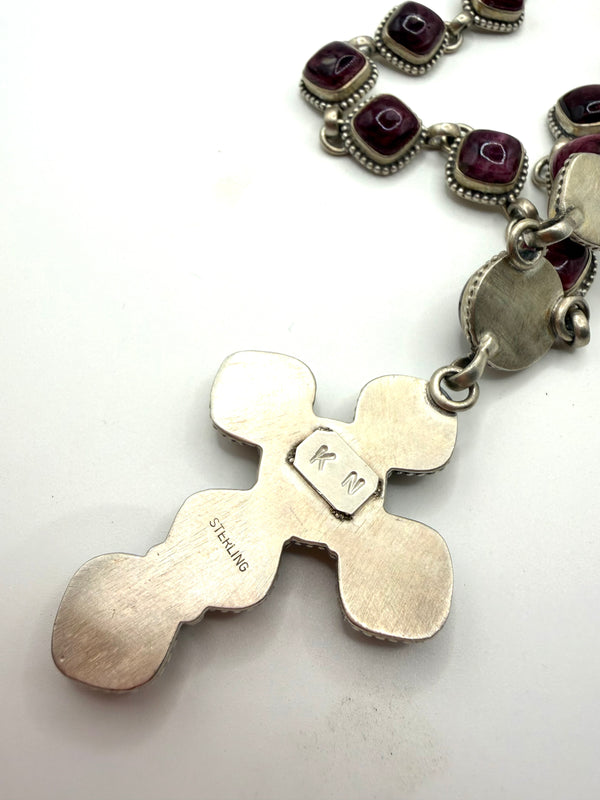 NATIVE HANDMADE PURPLE SPINY OYSTER STATEMENT ADJUSTABLE PAPERCLIP LARIAT 29" SIGNED BY K.N. (CO 120)