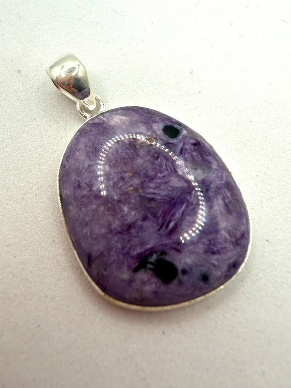 STERLING SILVER CHAROITE PENDANT 1.5" (JR 118)