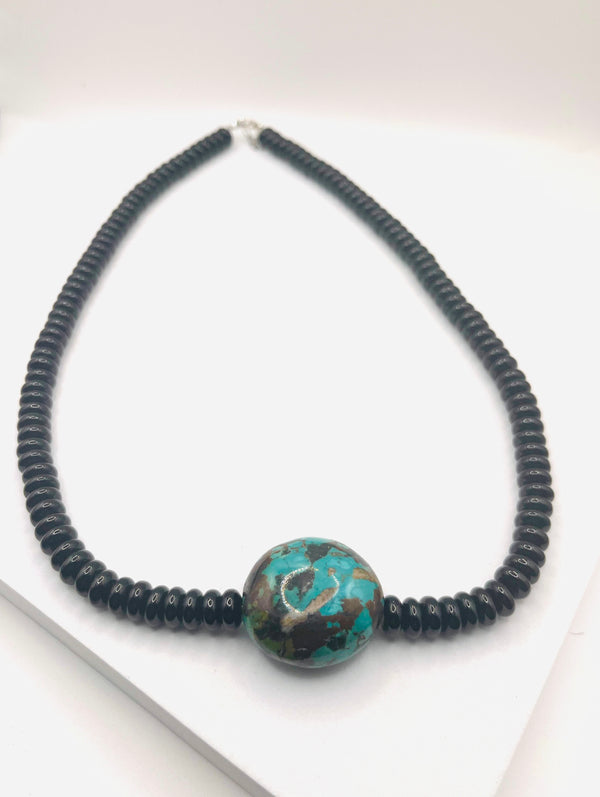 BLACK ONYX & HUBEI TURQUOISE STATEMENT NECKLACE 21-23" (MW 454)