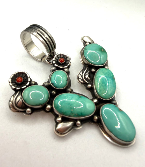EMER THOMPSON EASTER BLUE TURQUOISE & MEDITERRANEAN CORAL NATIVE HANDMADE CACTUS PENDANT 3" (LA 1)