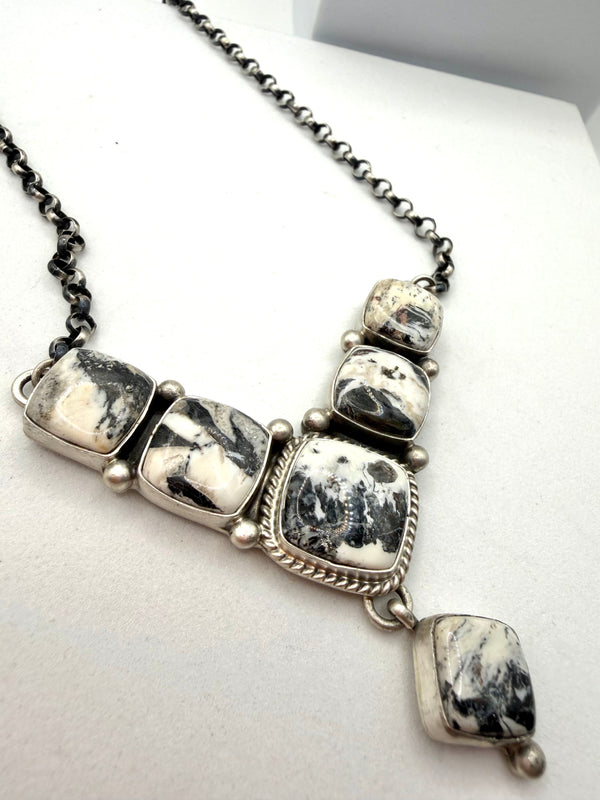 WHITE BUFFALO TURQUOISE NATIVE HANDMADE "V" DANGLE NECKLACE (UP TO 21") BY RUSSELL SAM (NP 10)