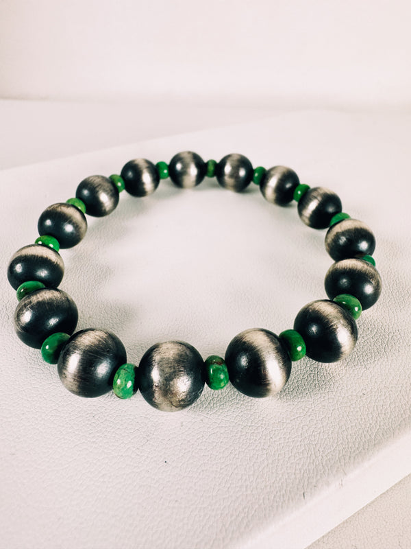 (DOUBLE DEAL) 10MM NAVAJO PEARLS & SONORAN GOLD TURQUOISE STRETCH BRACELET