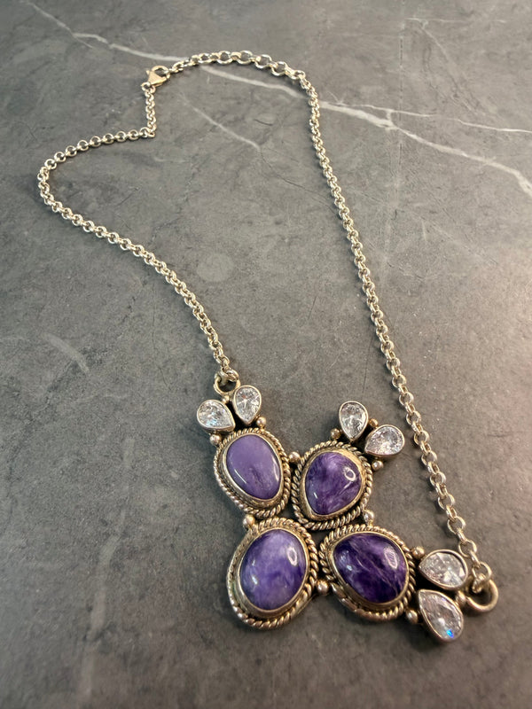 CHAROITE CLUSTER & FACETED WHITE QUARTZ NECKLACE 14-16" (JD 16)