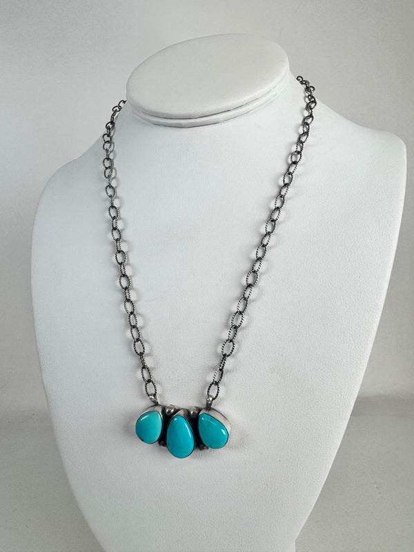 NATIVE HANDMADE BLUE GLACIER TURQUOISE CLUSTER ADJUSTABLE NECKLACE STAMPED T. (CO 48)