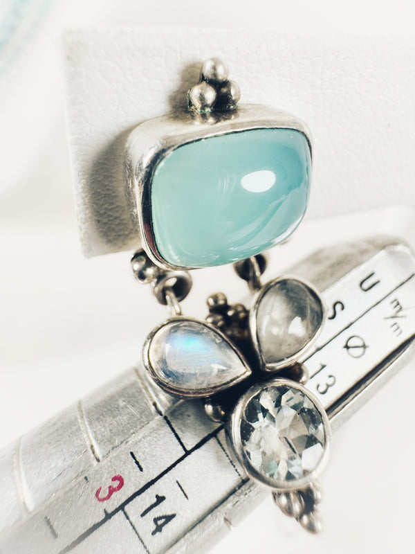 BLUE CHALCEDONY RAINBOW MOONSTONE & CRYSTAL QUARTZ ROYAL STUDS (LB51)