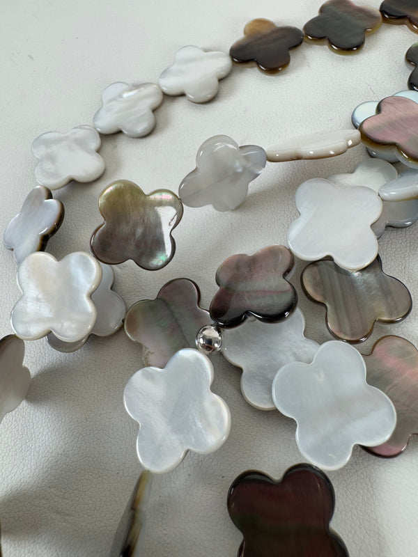 MOTHER OF PEARL CLOVER SHAPED BEADS STATEMENT NECKLACE 44" (VAN CLEEF INSPIRED) (MW 257)