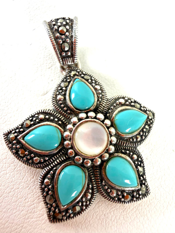 KINGMAN TURQUOISE MOP STERLING SILVER FLOWER PENDANT (RF 14)