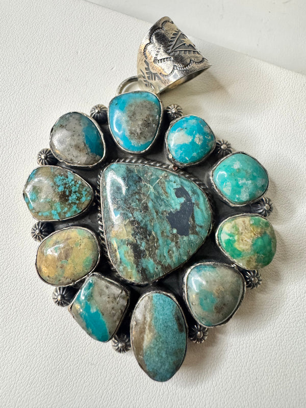 NATIVE HANDMADE MULTITURQUOISE STATEMENT PENDANT 4" BY T. NEZ SR. (LB 9)