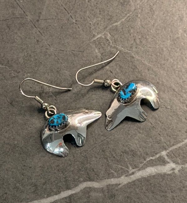 NATIVE HANDMADE LANDER BLUE TURQUOISE ZUNI BEAR FISHHOOK EARRINGS STAMPED MS (LB 22)