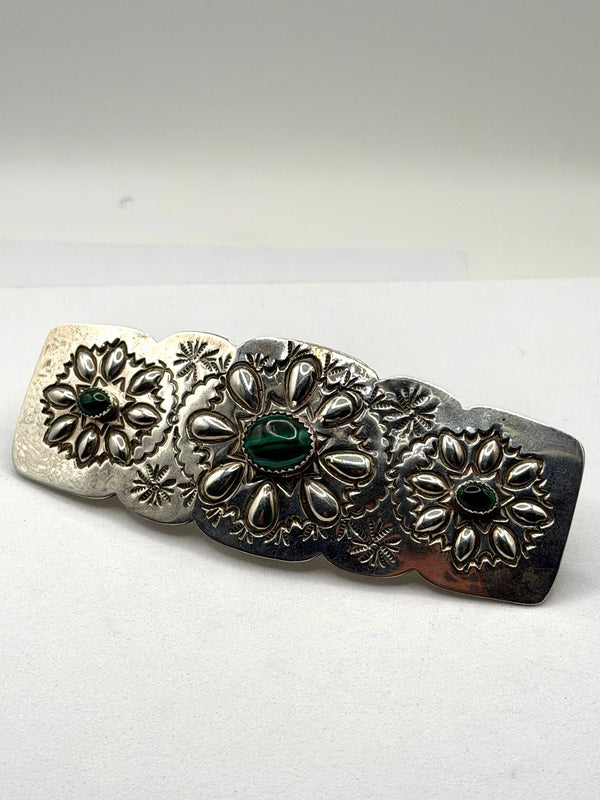 NATIVE HANDMADE MALACHITE HAIR BARRETTE SIGNED BY SHERYL MARTINEZ (LB 28)