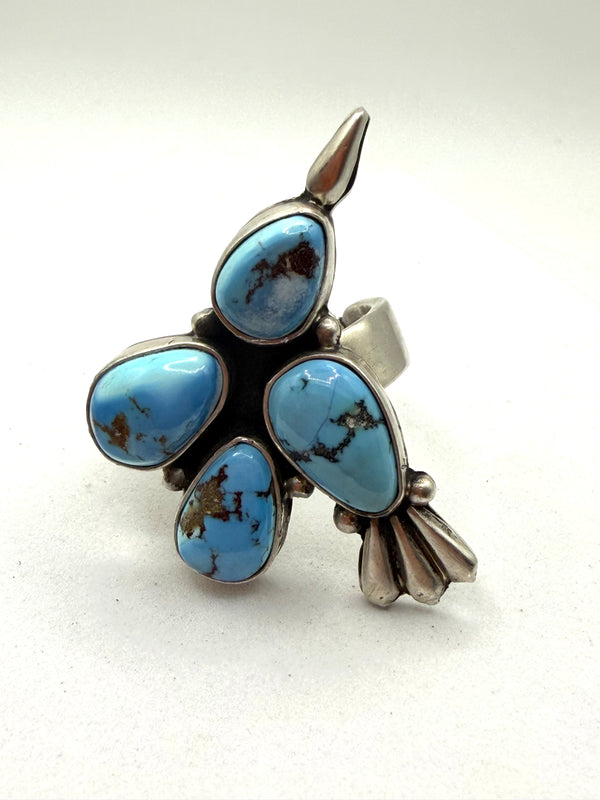 PATRICK YAZZIE GOLDEN HILLS TURQUOISE CLUSTER HUMMING BIRD ADJ RING (LA 12)
