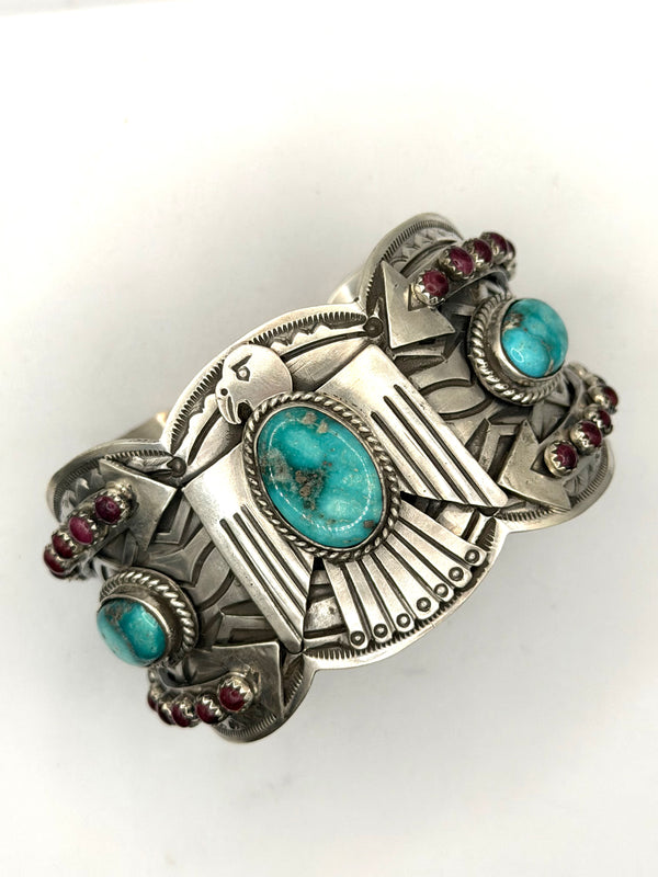 ✨ LUXURY RAFFLE ✨NATIVE HANDMADE MORENCI TURQUOISE THUNDERBIRD CUFF BY CHARLES JOHNSON