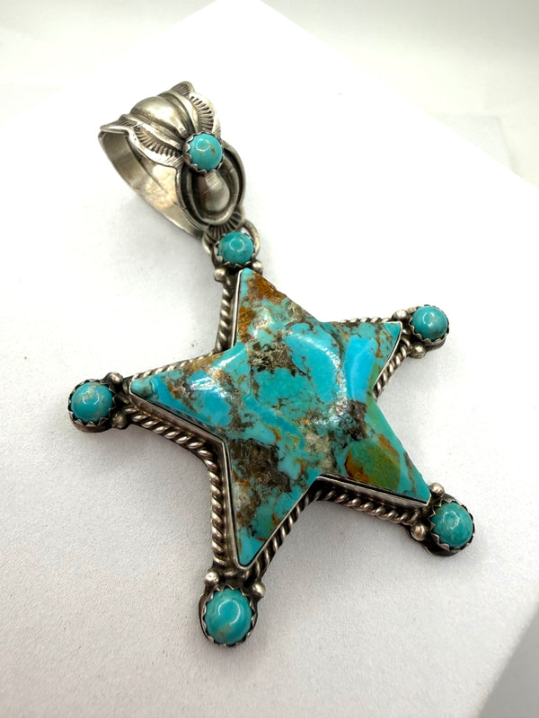 PATRICK YAZZIE RED MOUNTAIN TURQUOISE NATIVE HANDMADE SS STAR PENDANT 2" (NP 26)