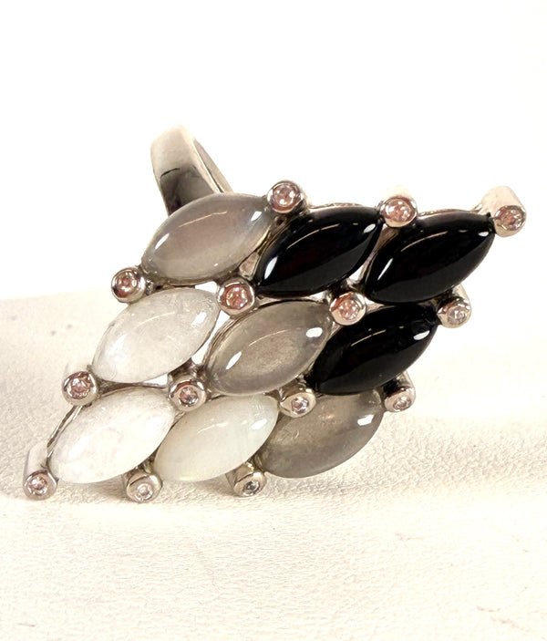 RAINBOW & GREY MOONSTONE WITH BLACK ONYX RING SIZE 8 (MW 379)