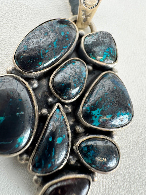 NATIVE HANDMADE BISBEE TURQUOISE CLUSTER PENDANT BY TONY YAZZIE 2.5" (MW 332)