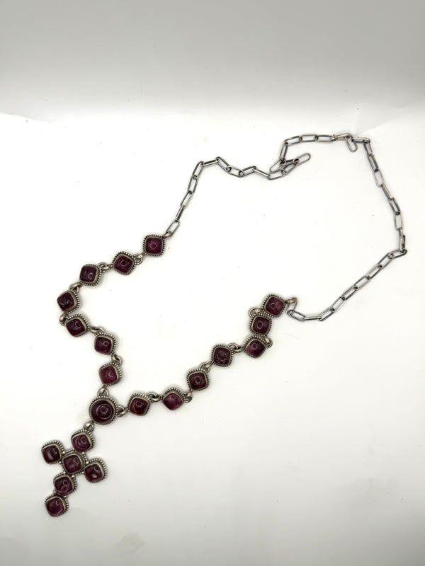 NATIVE HANDMADE PURPLE SPINY OYSTER STATEMENT ADJUSTABLE PAPERCLIP LARIAT 29" SIGNED BY K.N. (CO 120)