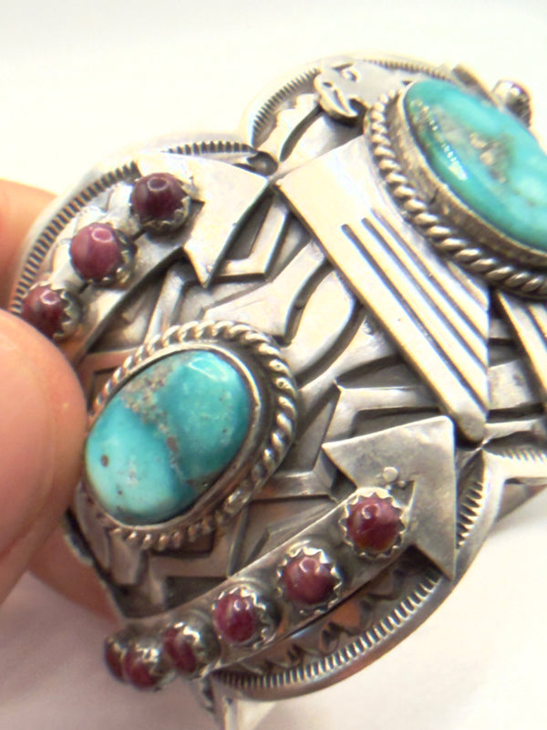 NATIVE HANDMADE PURPLE SPINY OYSTER & MORENCI TURQUOISE STATEMENT CHARLES JOHNSON CUFF (NP 12)