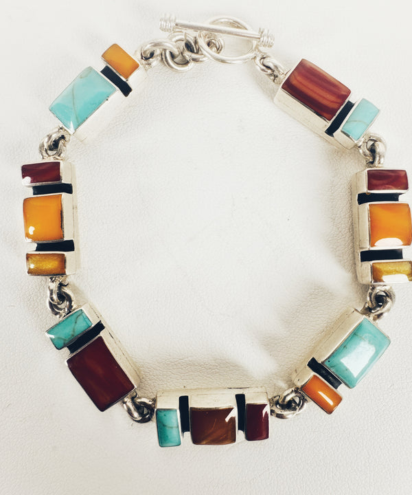 TAXCO SILVER JEWELRY MOTHER-OF-PEARL KINGMAN TURQUOISE & RED SPINY OYSTER MOSAIC TOGGLE BRACELET (PW3)