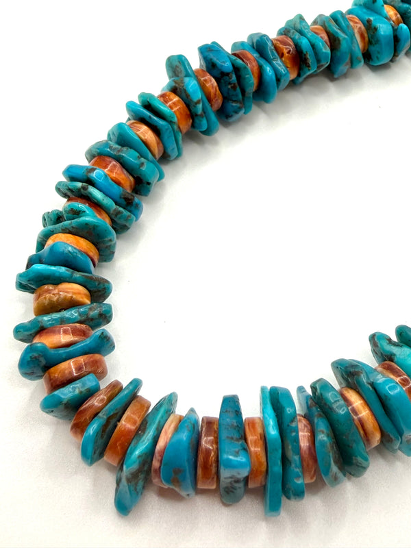 ORANGE SPINY OYSTER & KINGMAN TURQUOISE DISCS NECKLACE 23" (MK 9)