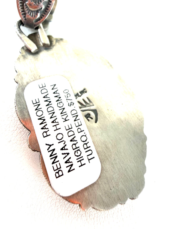 AAA HIGH GRADE KINGMAN TURQUOISE NAVAJO HANDMADE PENDANT BY BENNY RAMONE 2.5" (AM 1)