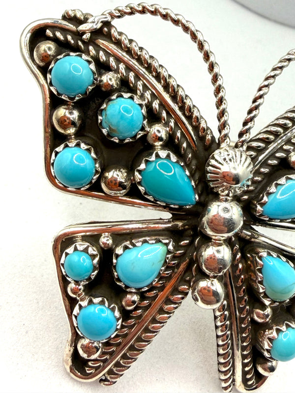NATIVE HANDMADE SLEEPING BEAUTY TURQUOISE ADJUSTABLE BUTTERFLY RING SIGNED BY T.J.(CO 123)