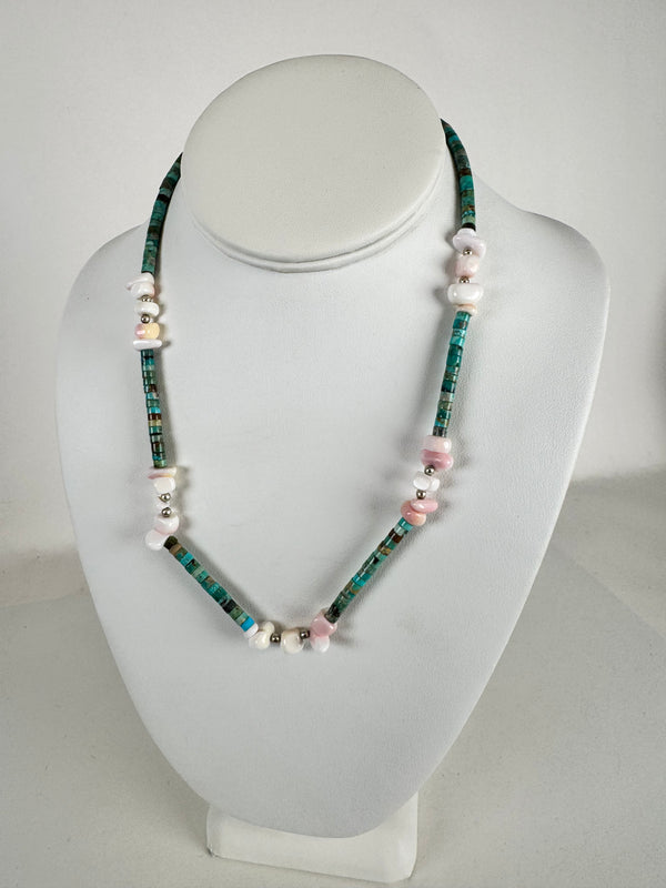 ROYSTON TURQUOISE & PINK CONCH BEADS STATEMENT NECKLACE 18" (MM 1)
