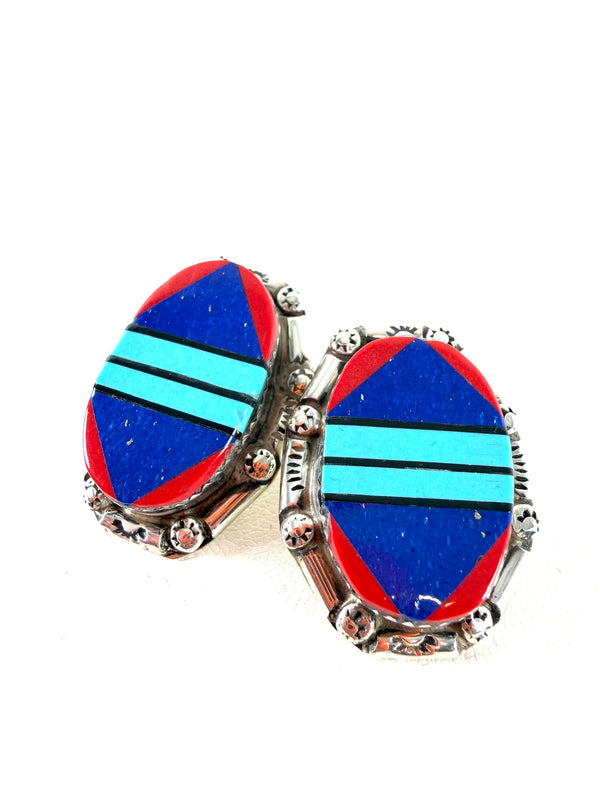 NATIVE HANDMADE SBT LAPIS & CORAL MULTITSONES STATEMENT POST BACK EARRINGS BY S. SKEETS (AM 2)