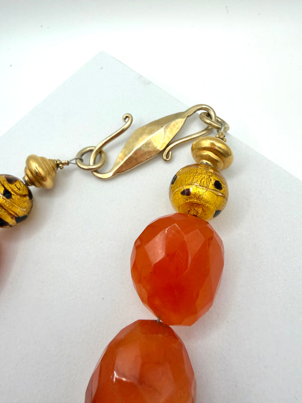 HANDMADE FACETED CARNELIAN SOLID BRASS LAMPWORK NECKLACE 18" (JR 93)