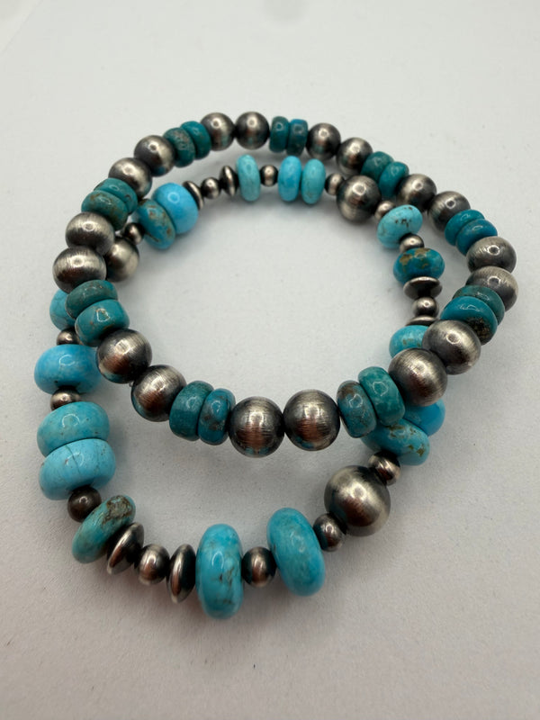 NATIVE HANDMADE NAVAJO SAUCER PEARLS & TURQUOISE STRETCH BRACELETS (CO 126)