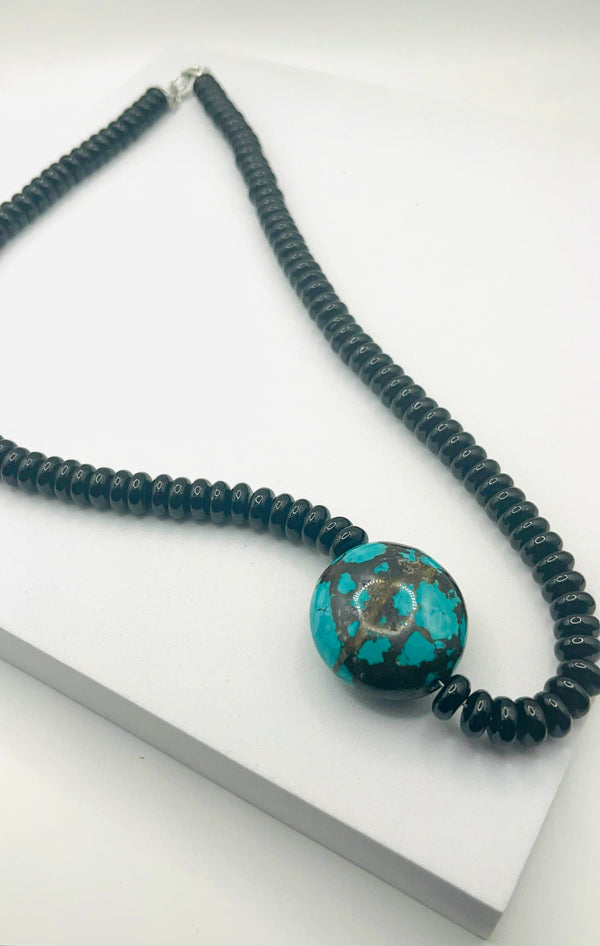 BLACK ONYX & HUBEI TURQUOISE STATEMENT NECKLACE 21-23" (MW 454)